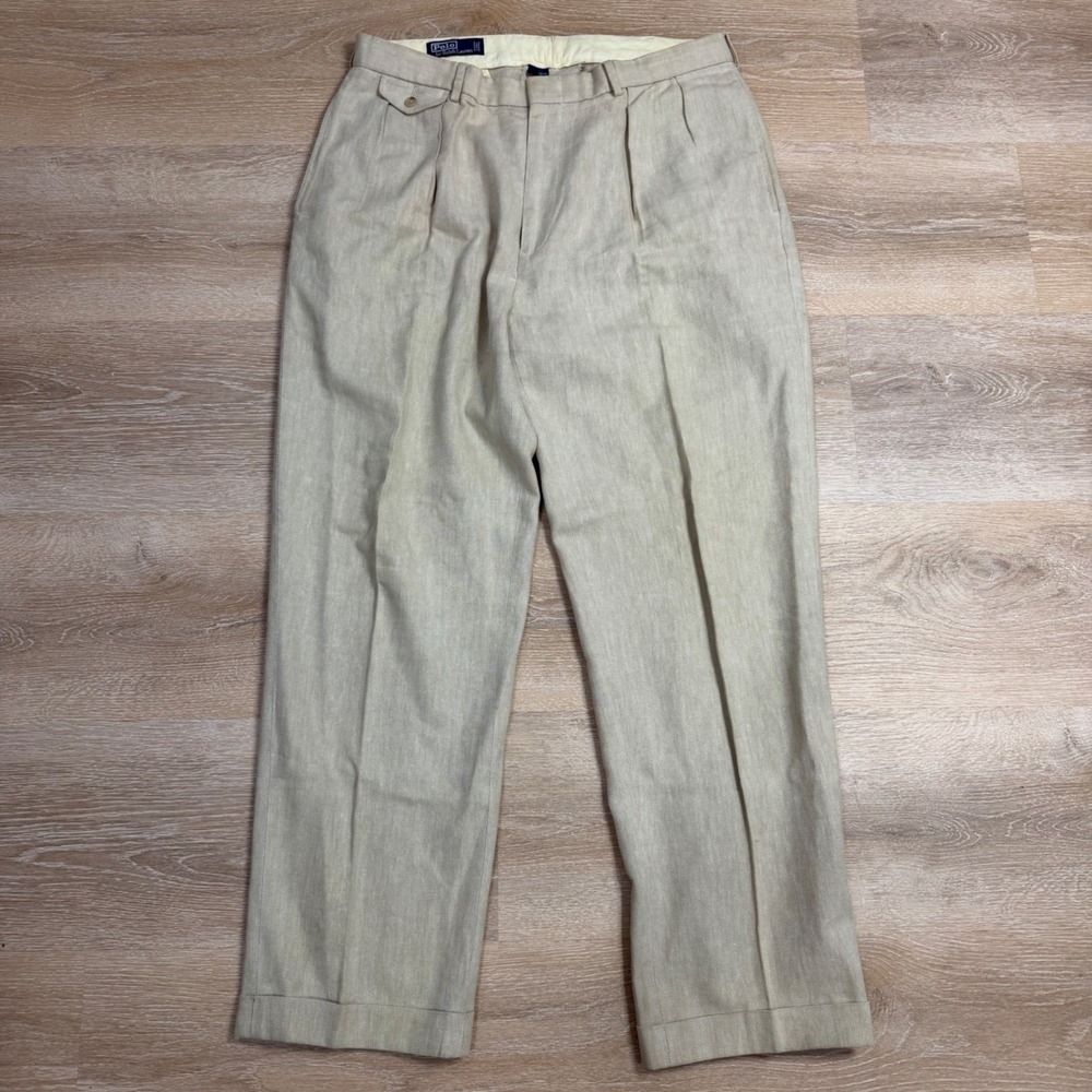 Polo Ralph Lauren Mens 36x32 Tan Linen Blend Pleated Cuffed Dress Pants Beige
